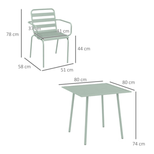 Salon de jardin 4 places 5 pièces - table à manger 4 chaises empilables - acier thermolaqué vert de gris