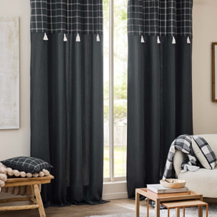 Rideau à œillets avec haut à carreaux et pompons en polycoton - Gris anthracite