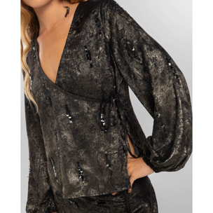 Blusa bordada de lentejuelas con cierre cruzado de mujer