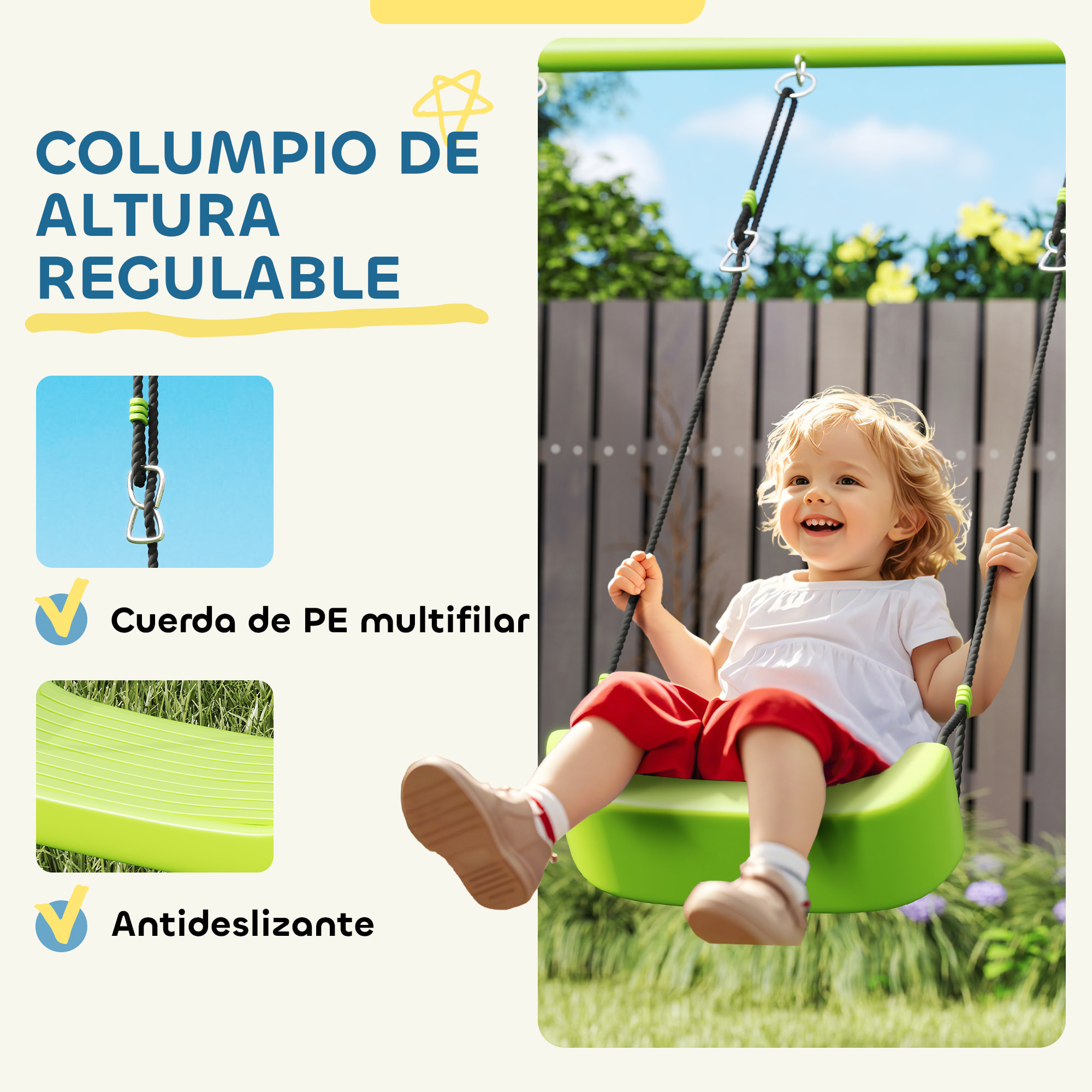 Columpio para Niños de +3 Años 3 en 1 Columpio Jardín Exterior con Columpio Anillas de Gimnasia y Tienda Estructura Metálica Verde