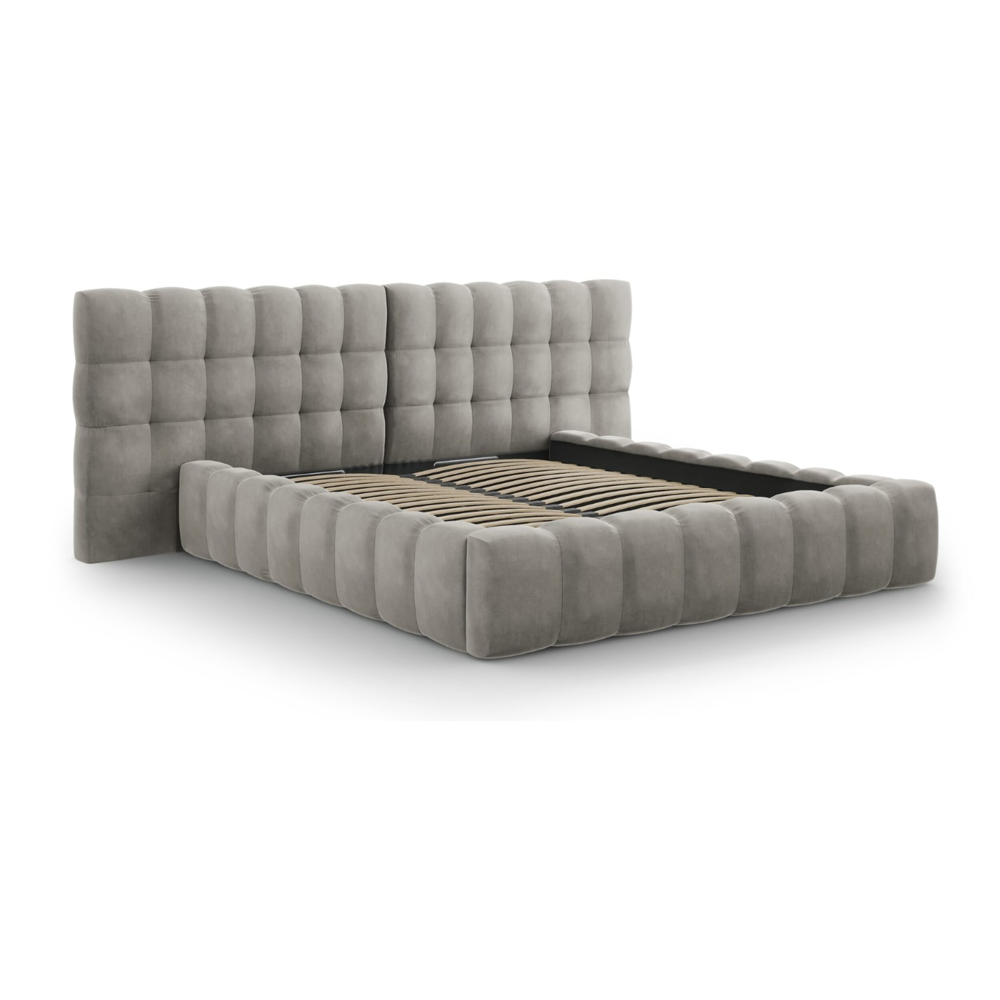 Lit coffre avec tête de lit double "Bali" 160x200cm en velours gris clair