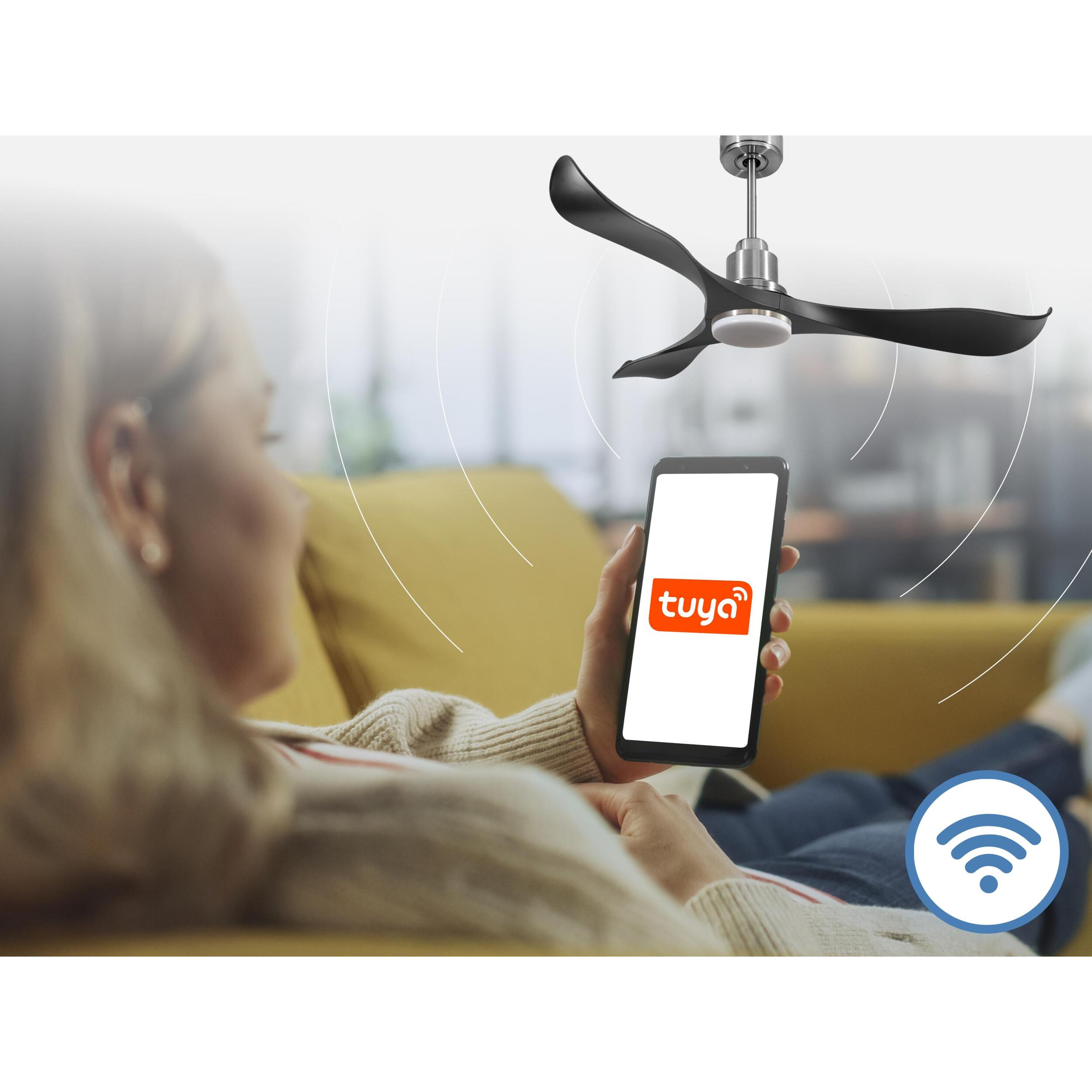 Ventilateur de plafond Réversible  Thermostat Dimmable Wifi Moteur à courant continu Toits en pente Télécommande Lumière à trois tons Adaptateur 2/3 Lames