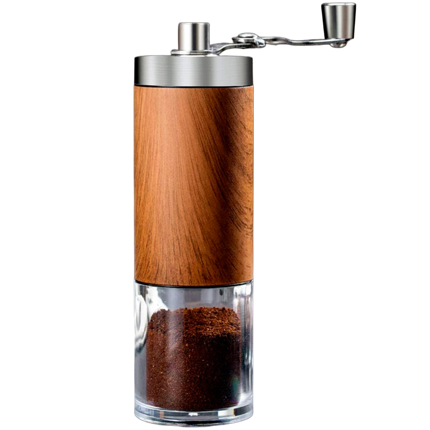 Molino de café manual con fresa cónica de cerámica ajustable y ruleta para controlar el grosor del molido.