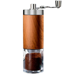 Molino de café manual con fresa cónica de cerámica ajustable y ruleta para controlar el grosor del molido.