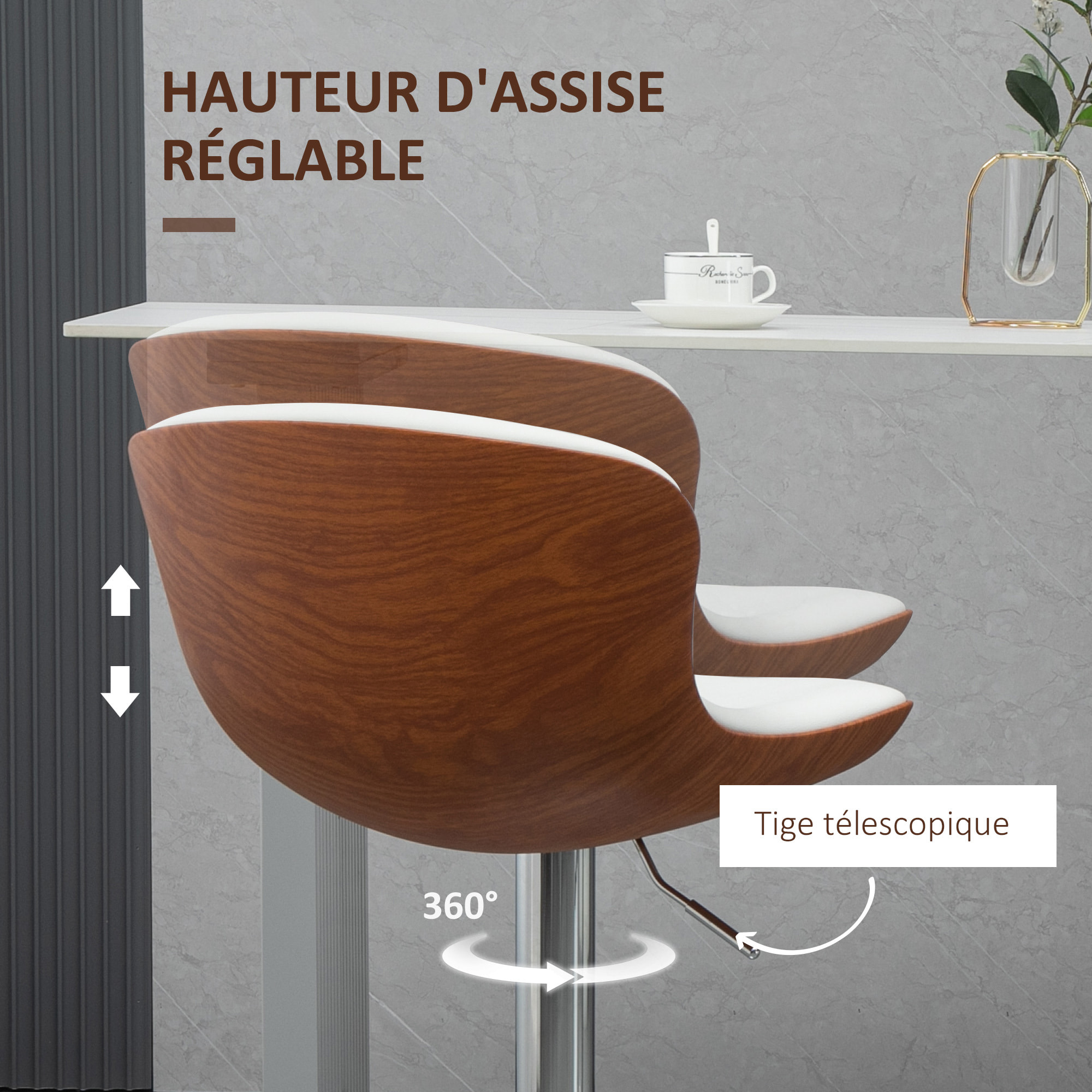 Lot de 2 tabourets de bar design contemporain hauteur d'assise réglable 64-85 cm pivotant 360° revêtement synthétique crème aspect bois