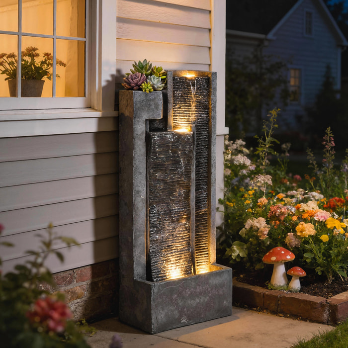 Fontaine de jardin cascade LED 3 niveaux avec jardinière gris