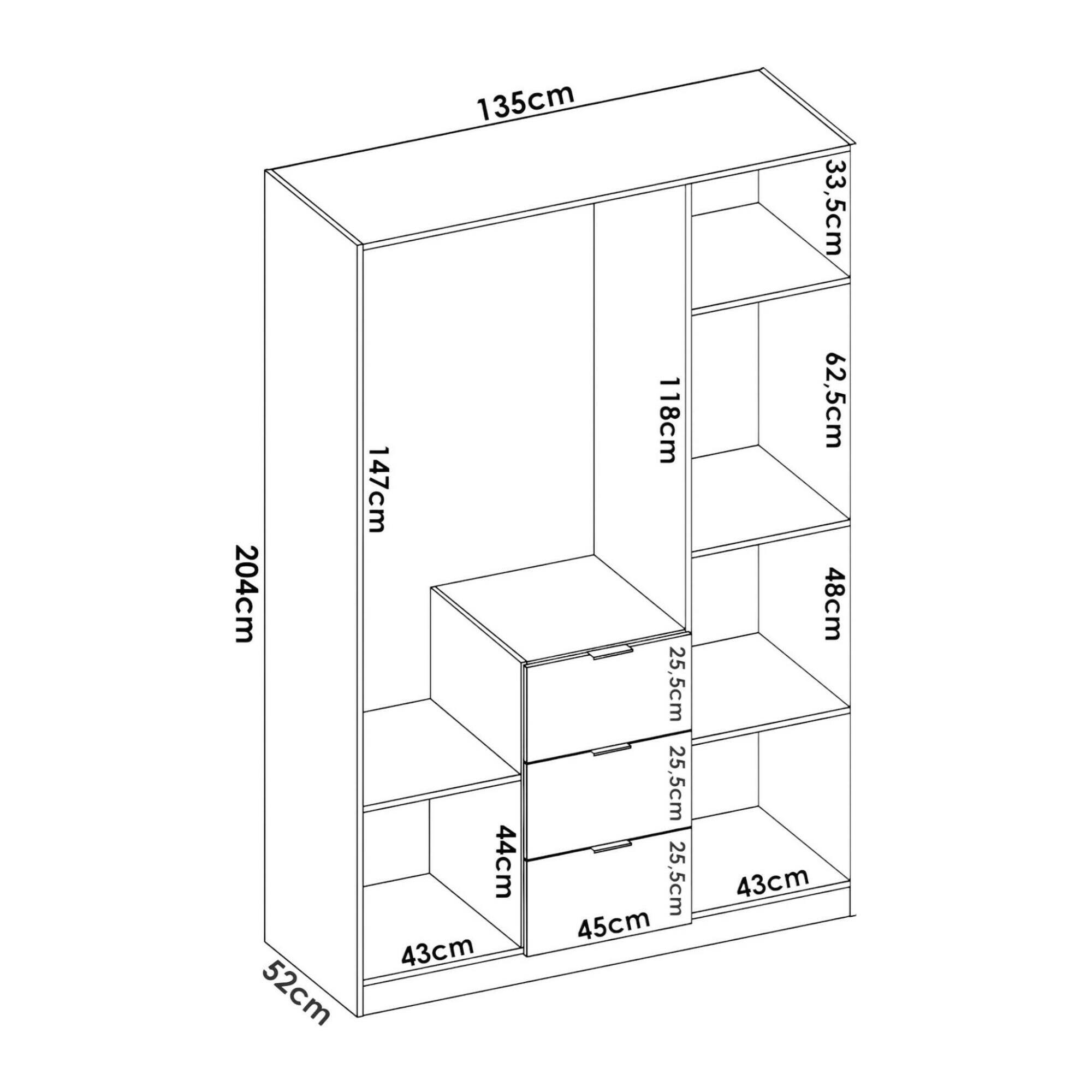 Guardaroba Falterona, Mobile appendiabiti per camera da letto, Armadio a 3 ante battenti e 3 cassetti, 135x52h204 cm, Bianco