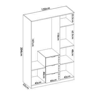 Guardaroba Falterona, Mobile appendiabiti per camera da letto, Armadio a 3 ante battenti e 3 cassetti, 135x52h204 cm, Bianco