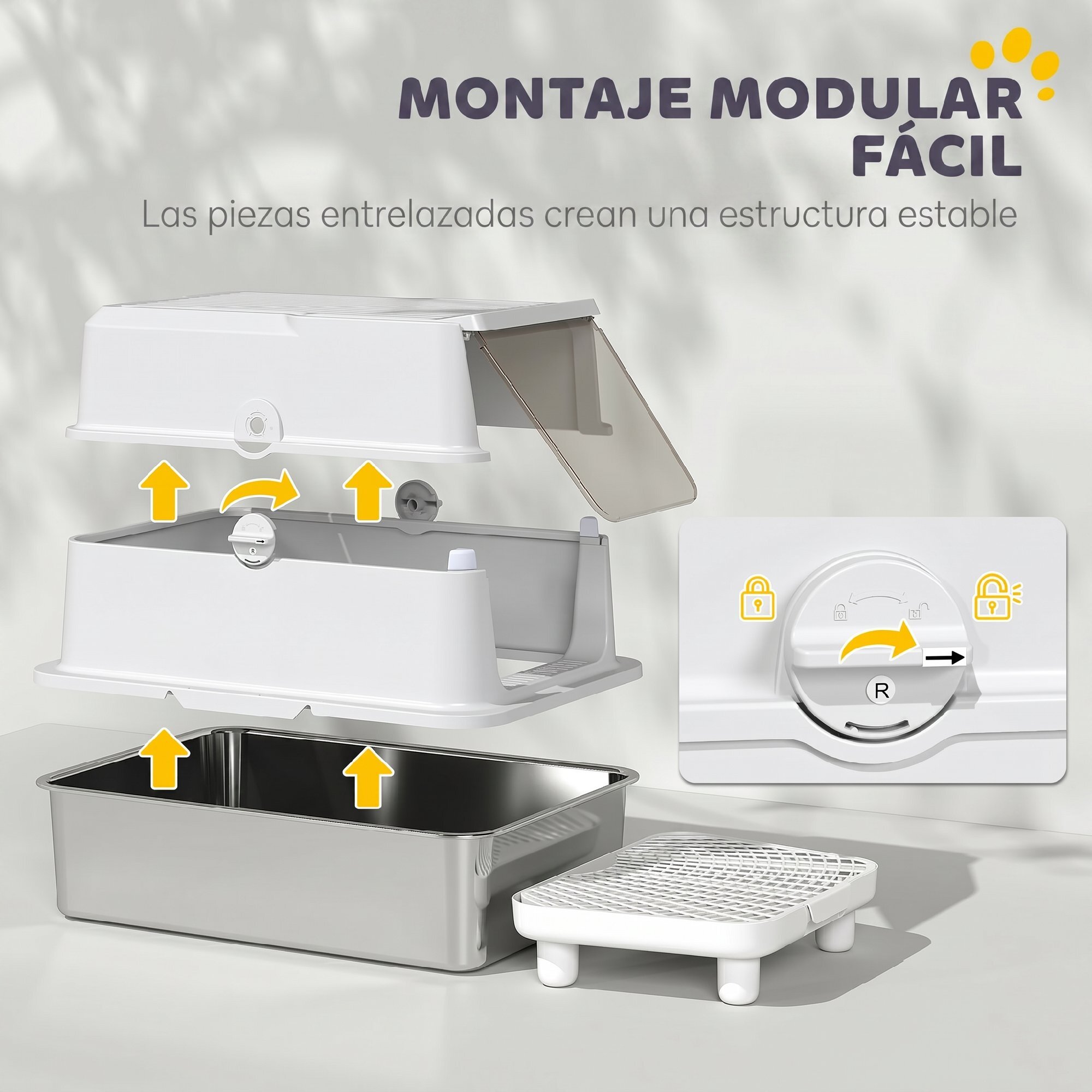 PawHut Arenero para Gatos de Acero Inoxidable XL, Caja de Arena Cerrada para Gatos Grandes, Arenero Extragrande con Tapa Abatible, Borde Alto, Pala Metálica, Fácil Limpiar, Antifugas, Gris Claro