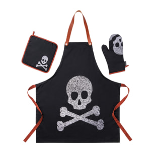Set cocina 3 piezas 100% algodón 190gsm - delantal ajustable con bolsillo + manopla + agarrador - con estampado calavera color negro