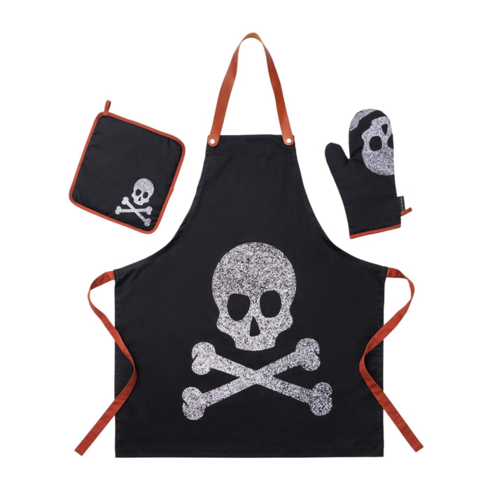 Set cocina 3 piezas 100% algodón 190gsm - delantal ajustable con bolsillo + manopla + agarrador - con estampado calavera color negro