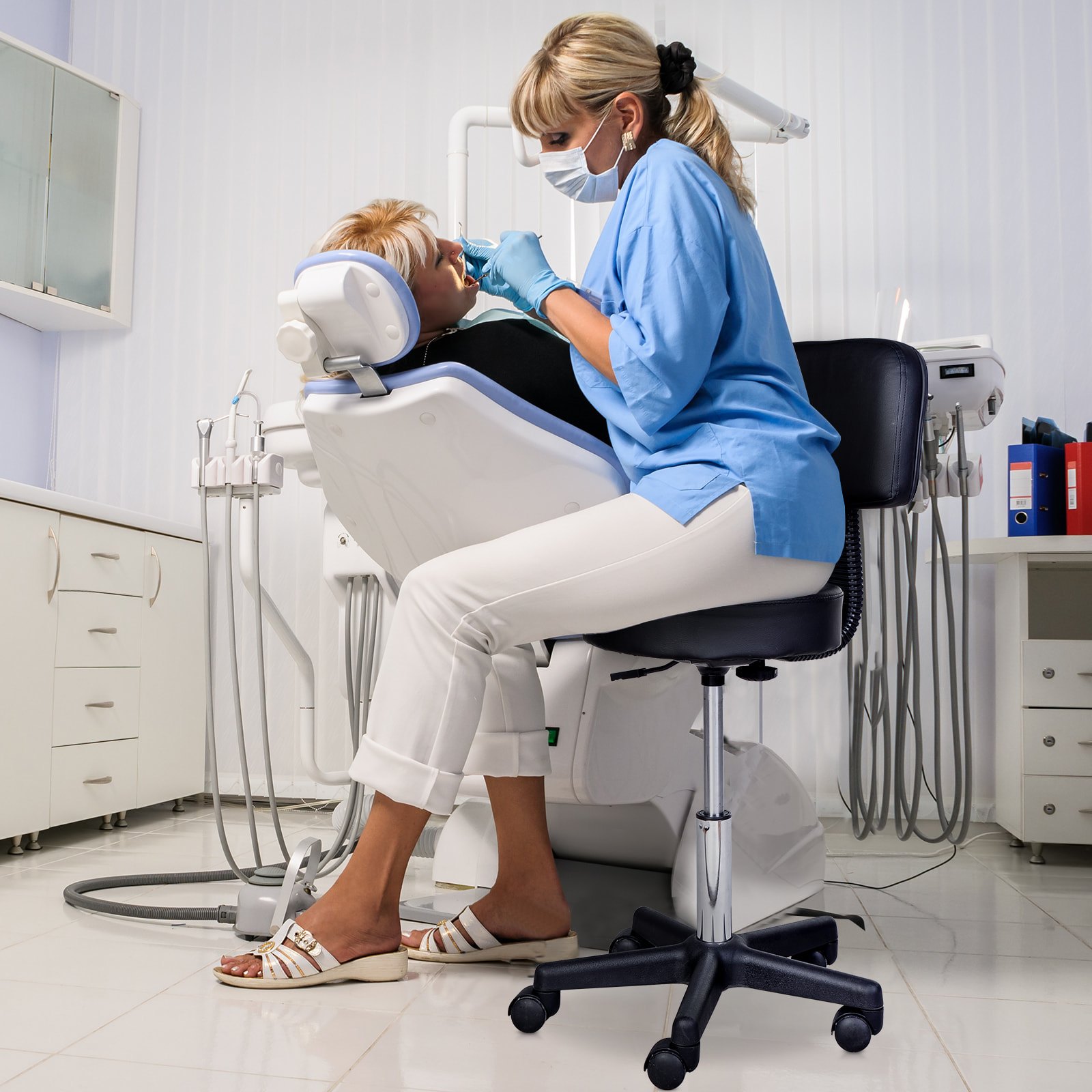 Tabouret massage à roulettes réglable en hauteur pivotant avec dossier ergonomique noir