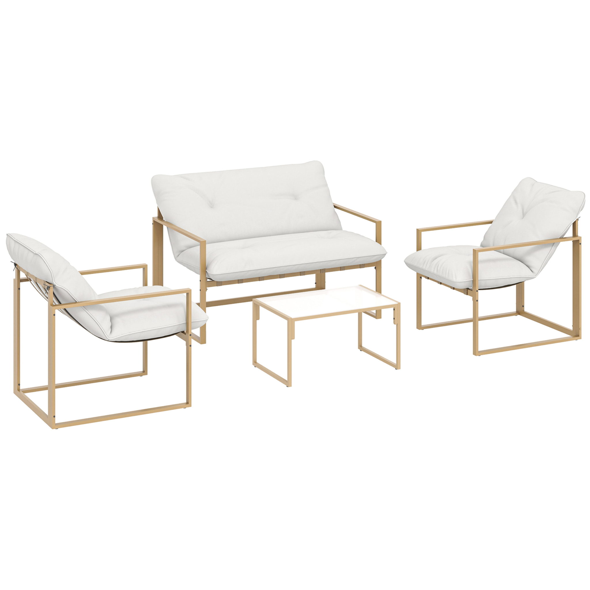 Salon de jardin extérieur 4 pièces avec coussins ultra-épais 15cm - ensemble mobilier de jardin et salon bas pour terrasse - canapé 2 places avec table basse et 2 fauteuils, cadre acier kaki