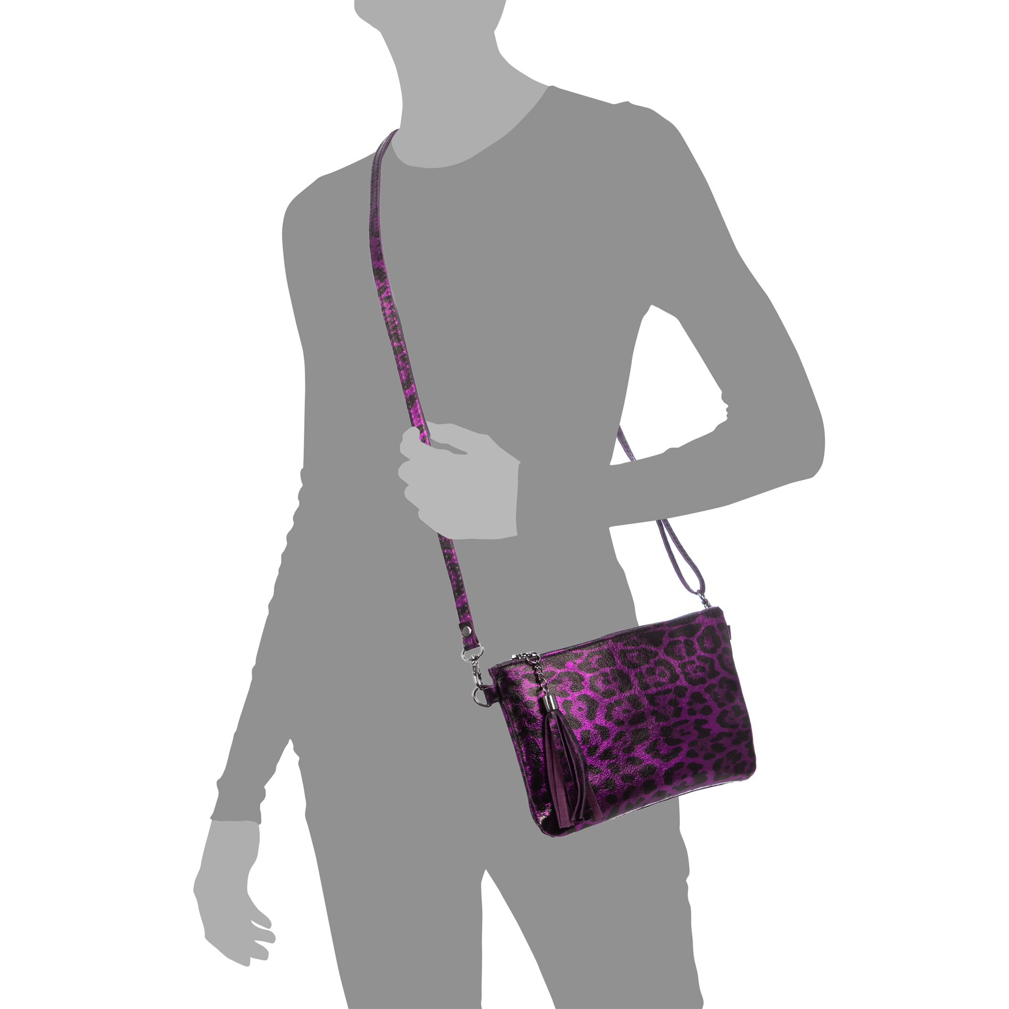 Oleggio bolso bandolera mujer. Piel auténtica Gamuza con estampado de animal print leopardo y lacada brillante.