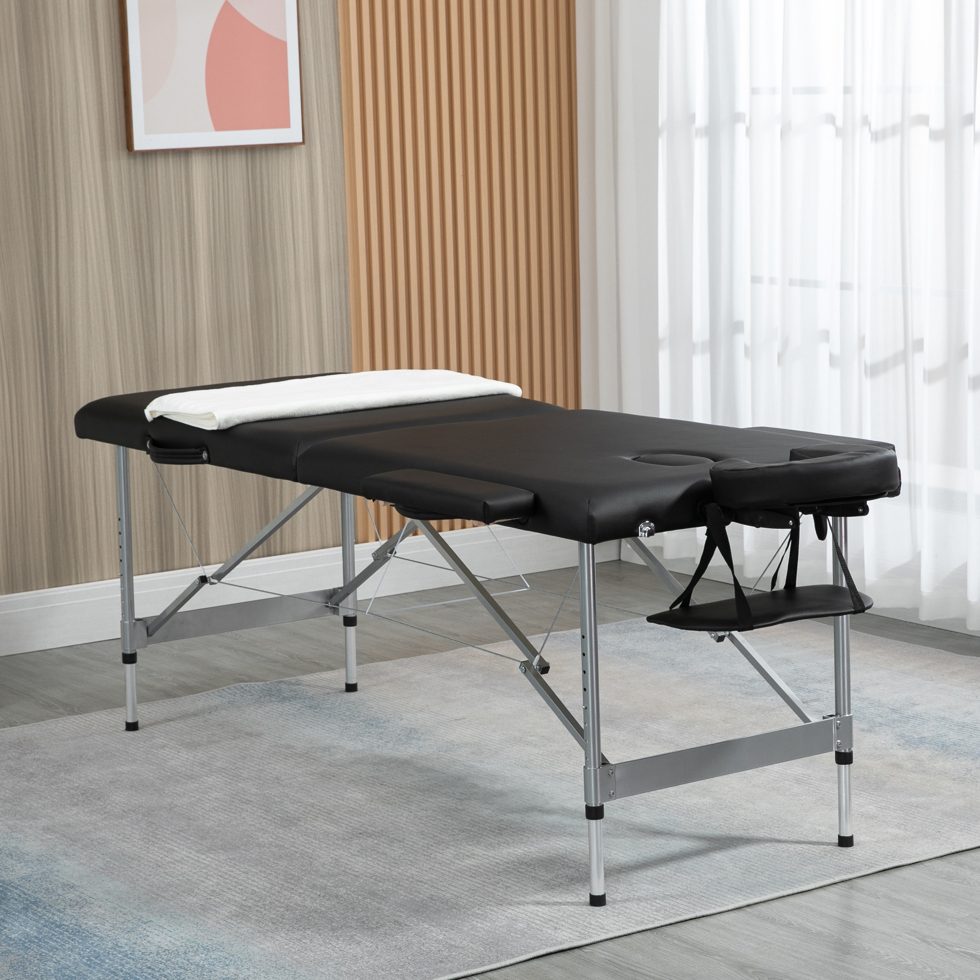 HOMCOM Camilla de Masaje Plegable Mesa de Masaje Portátil con Altura Ajustable en 7 Posiciones Reposacabezas y Marco de Aleación de Aluminio para Fisioterapia Carga 130 kg 186x71x62-83 cm Negro