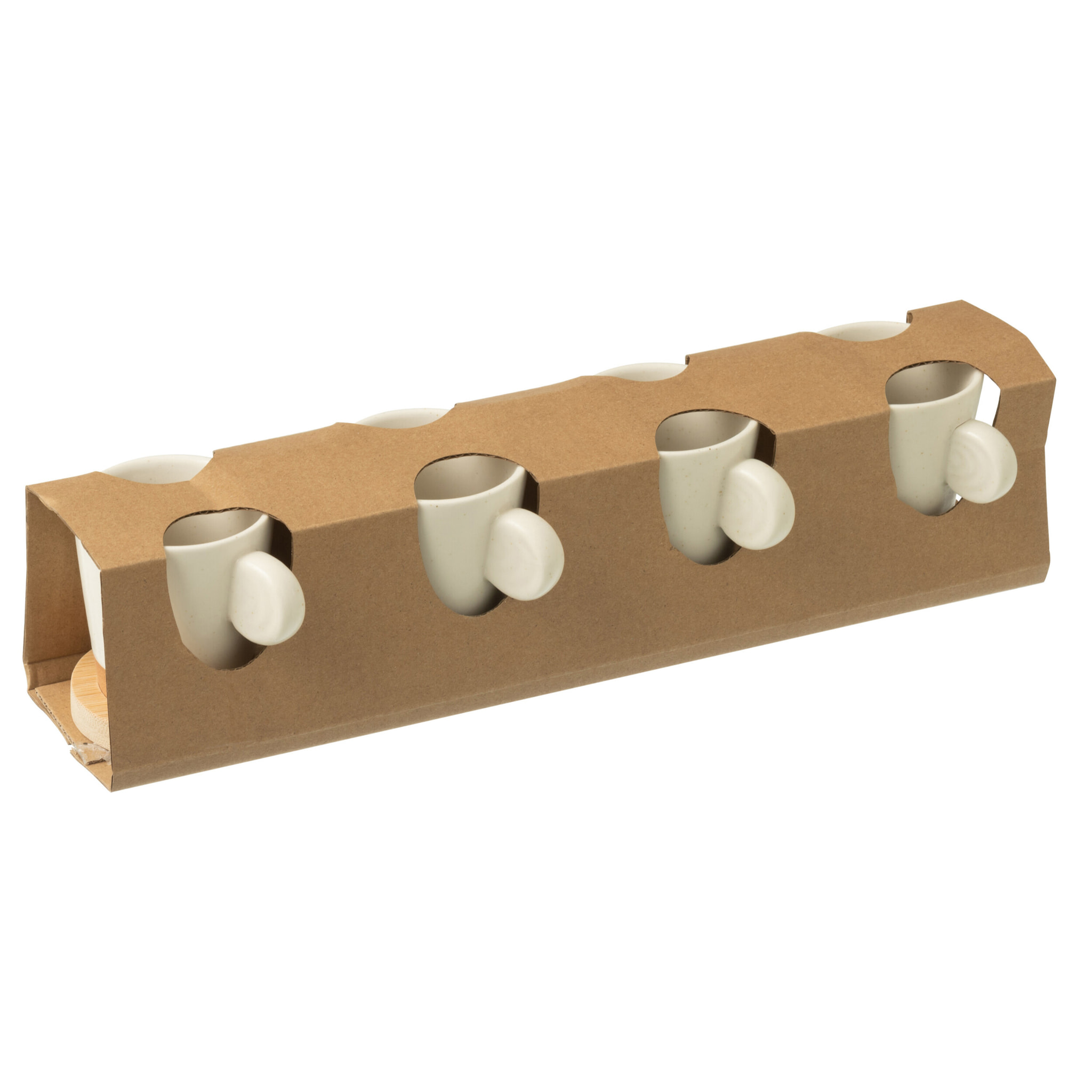 J-Line Boite 4 Tasses A Cafe + Base Bambou Ceramique Blanc/Naturel
