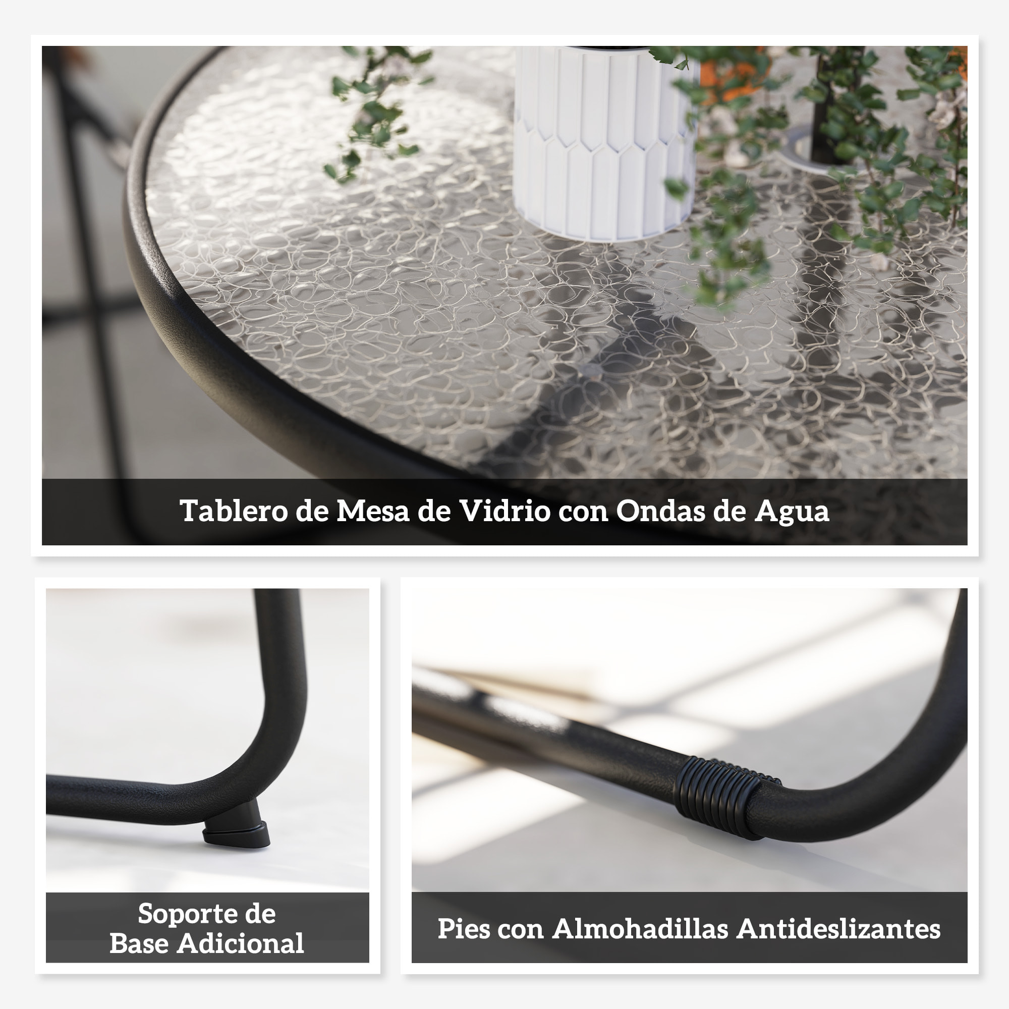 Conjunto de Mesa y Sillas Jardín de 6 Piezas Muebles de Jardín Exterior con 4 Sillas Plegables Mesa de Vidrio y Sombrilla para Terraza Patio Crema