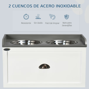 Comedero Elevado para Perros Grandes Cuencos para Perros con 2 Tazones 2000ml de Acero Inoxidable y Cajón Oculto Soporte de Madera para Mascotas 60x30x36 cm Blanco