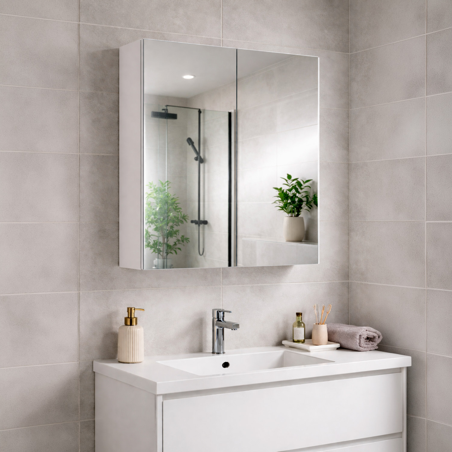 Pensile Bagno Con Specchio A 2 Ante Mobile Sospeso Salvaspazio In Melaminico Con Ripiani Interni Arredo Bagno Moderno Elegante 65 x 60 x 21 Cm Bianco