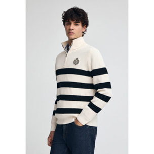Maglione a righe ecrù e blu marino con toppa nautica Polo Club
