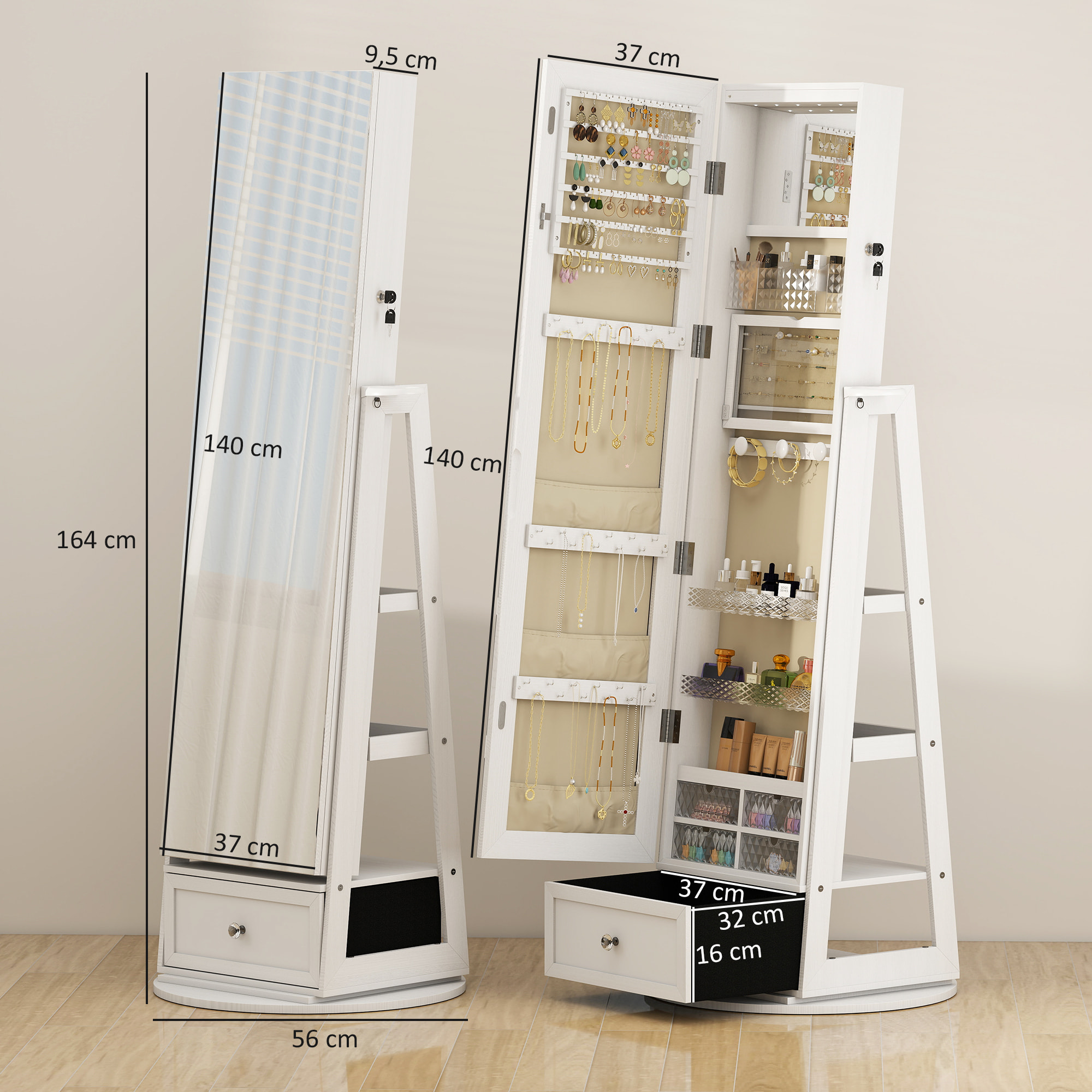 Espejo Joyero con Luces LED, Armario para Joyas, Armario Joyero con Espejo Entero, Giratorio de 360°, Cajón, Cerradura, Estantes Abiertos, Soporte para Secador, Blanco