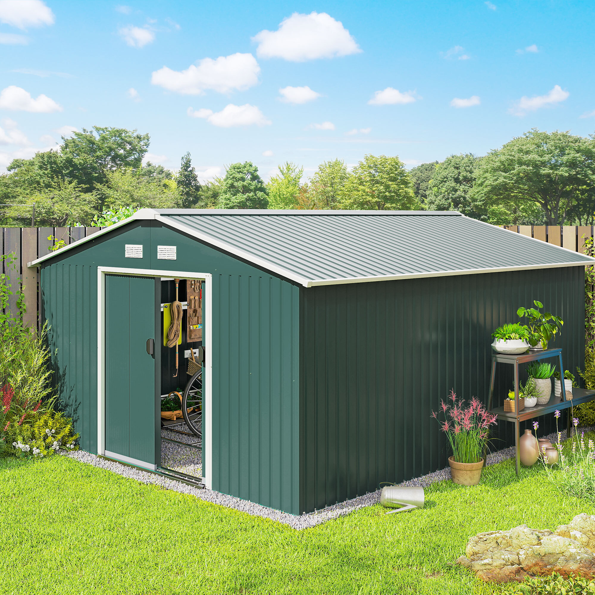 Caseta de Jardín Exterior, 12,4 m² 340x386x200 cm, Cobertizo de Jardín Exterior Metálico con Puerta Corredera, Base Refuerzo (Suelo NO Incluido) y Ventanas Verde