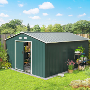 Caseta de Jardín Exterior, 12,4 m² 340x386x200 cm, Cobertizo de Jardín Exterior Metálico con Puerta Corredera, Base Refuerzo (Suelo NO Incluido) y Ventanas Verde