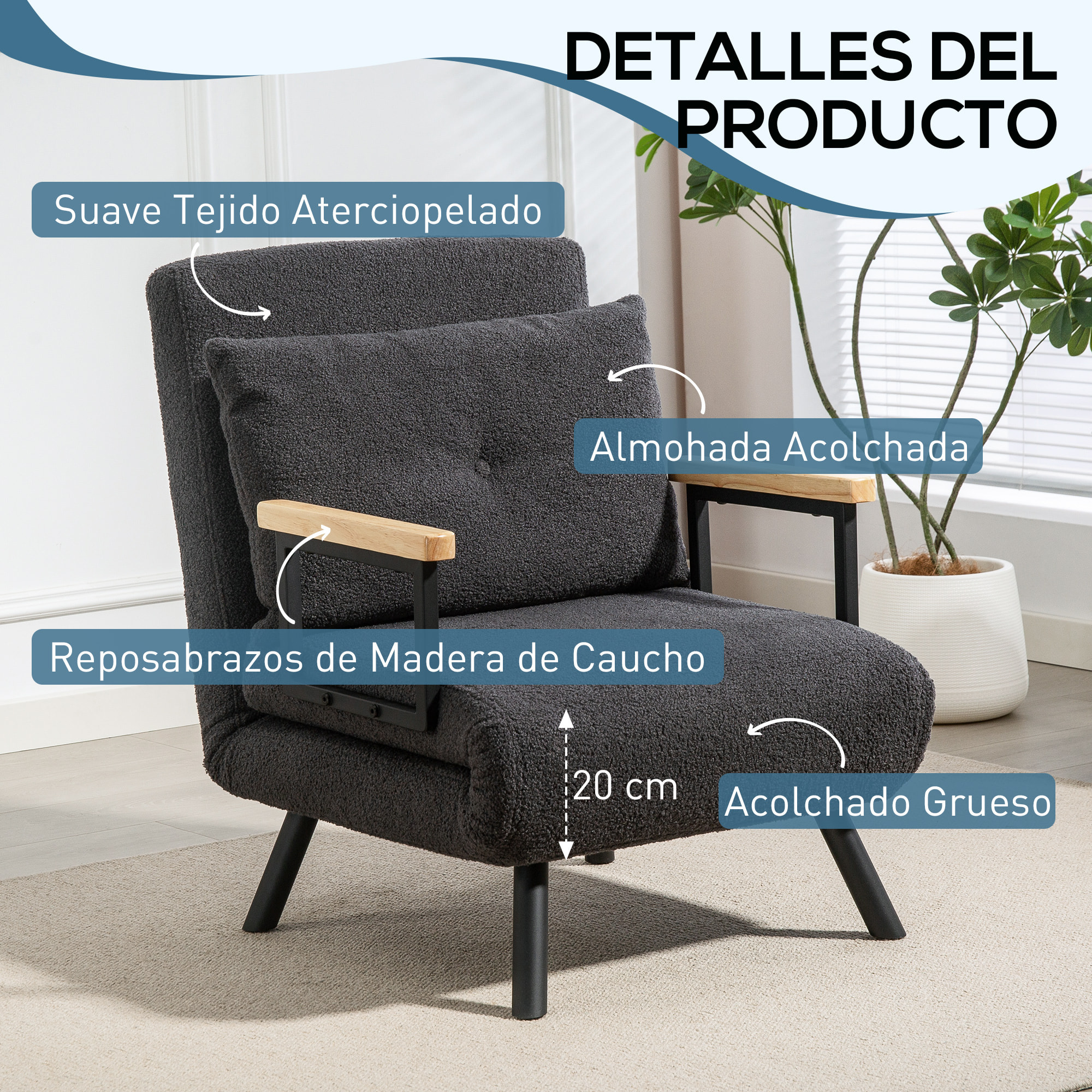 Sofá Cama de 1 Plaza Sofá Cama Plegable Tapizado en Borreguito con Respaldo Ajustable de 5 Niveles y Almohada Acolchada para Oficina Dormitorio Salón 63x73x81 cm Gris Oscuro
