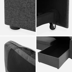 Canapé panoramique convertible en tissu gris foncé. 4 places. coffre rangement. lit modulable
