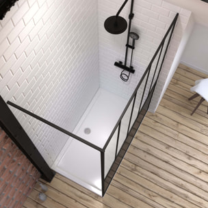 Pack Paroi de douche 140x200 cm noir mat - verre trempe 5mm + RECEVEUR A POSER RECTANGLE - 140x80cm