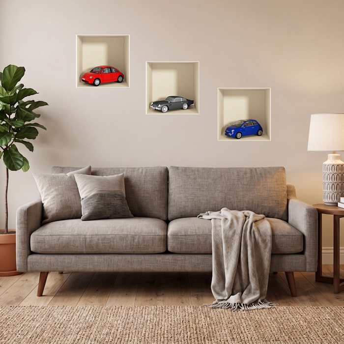 Stickers muraux 3D | Sticker Mural Autocollant effet 3D voitures 3 couleurs - Stickers adhésifs 3D Chambre Salon Trompe l'oeil