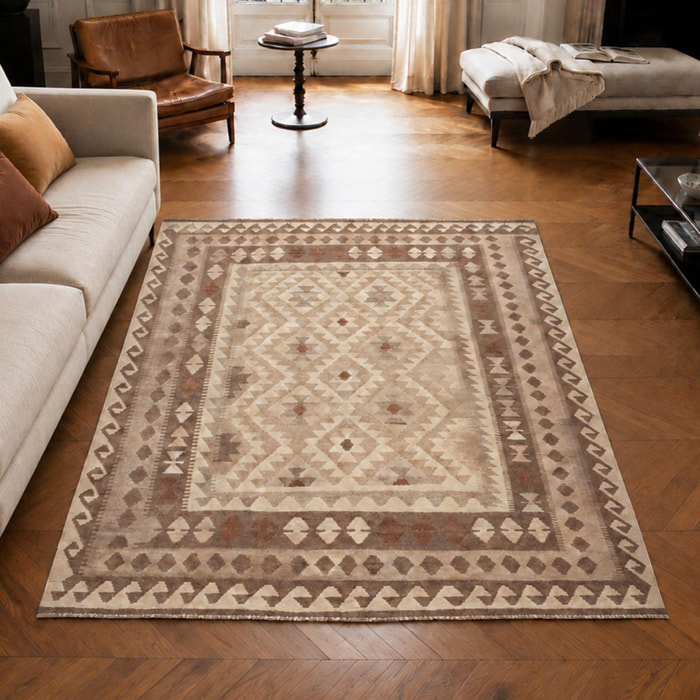 Tapis kilim au motif ethnique, tissé plat en laine naturelle