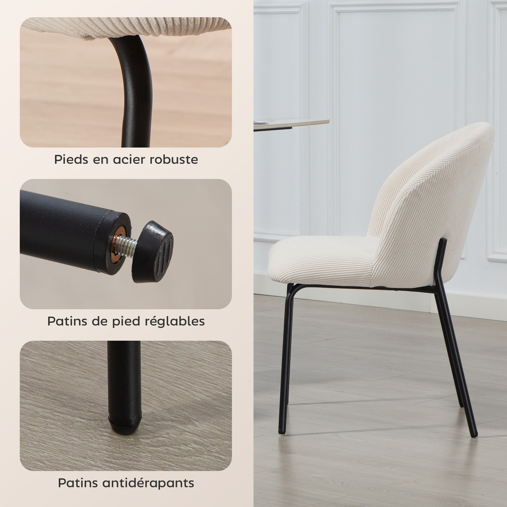 Lot de 2 chaises de salle à manger velours côtelé crème piètement acier noir