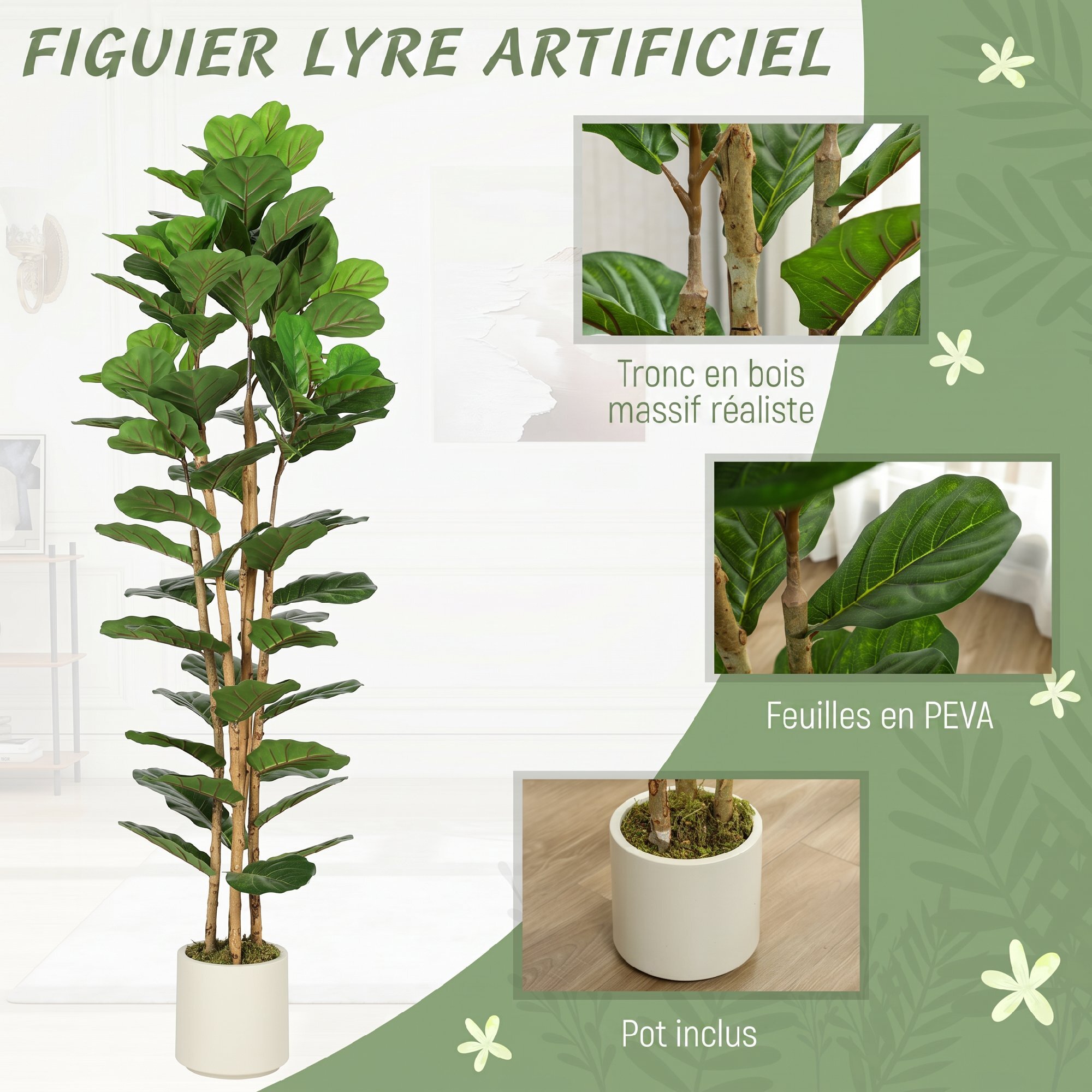 Arbre artificiel plante artificiel figuier lyre H.1,8 m vrais troncs 91 feuilles grand réalisme