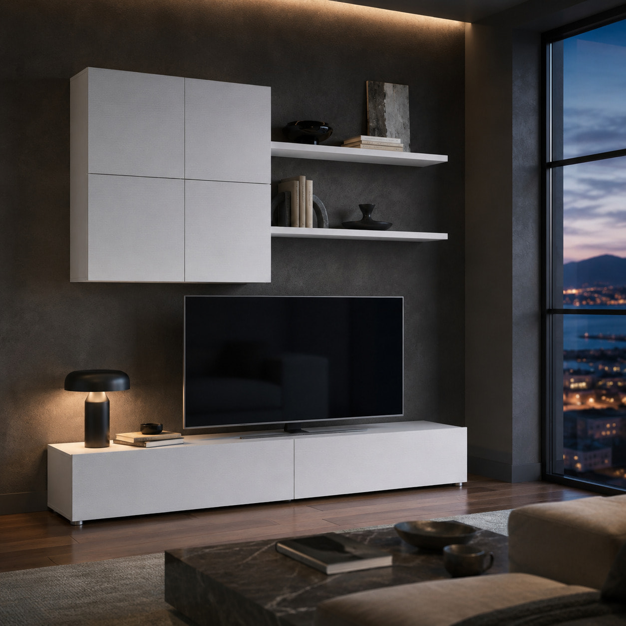 Parete Attrezzata Mobile Soggiorno Moderno Con Base TV 2 Ante Pensile 4 Ante e 2 Mensole Design Contemporaneo in Melaminico 200 x 194 x 40 cm Bianco