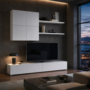 Parete Attrezzata Mobile Soggiorno Moderno Con Base TV 2 Ante Pensile 4 Ante e 2 Mensole Design Contemporaneo in Melaminico 200 x 194 x 40 cm Bianco