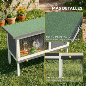 Conejera de Madera, Jaula para Conejos Medianos con Techo Asfáltico Abatible, Bandeja Extraíble, Puerta con Pestillo, Conejera Elevada Exterior, para Cobayas y Chinchillas, 90x45x65 cm, Gris