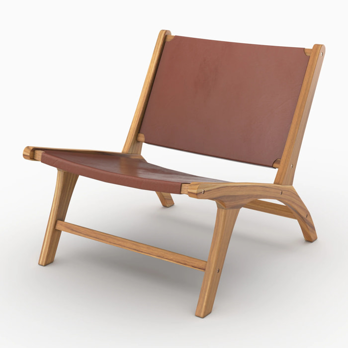 Fauteuil  en teck et cuir lisse marron - Kuna