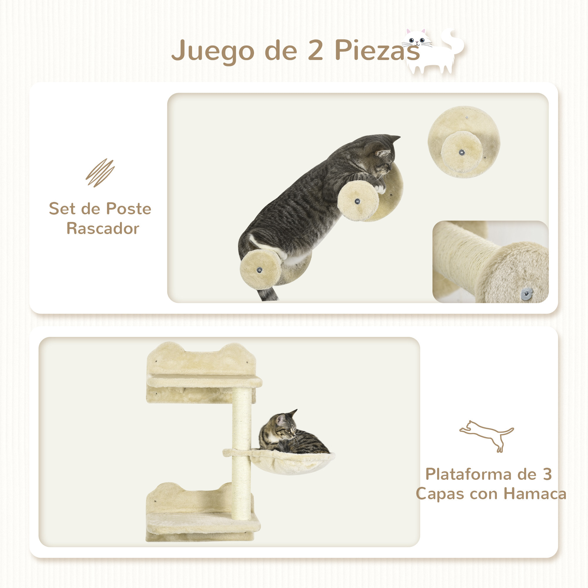 Juego de Estanterías para Gatos de 4 Piezas Rascador de Pared para Gatos con 3 Postes de Sisal Hamaca y 1 Plataforma para Saltar de 3 Niveles Beige