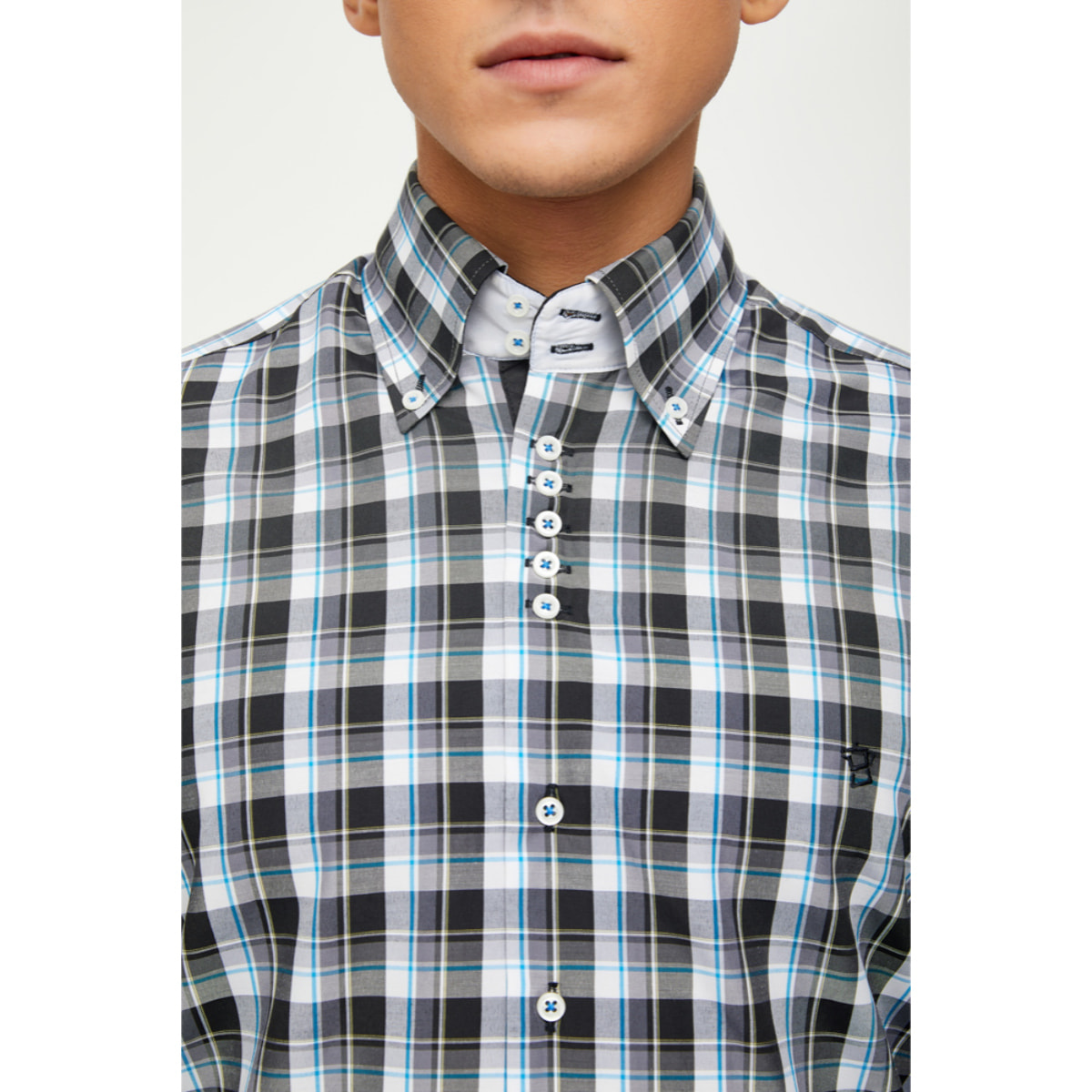 Camicia Uomo 2 Bottoni Button Down 7 Bottoni Slim Cotone Poliestere Quadro Grande Nero/Bianco