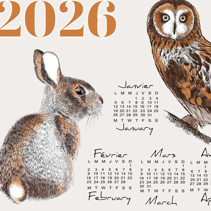 Torchon calendrier 2026 animaux du jardin coton - Marron Clair