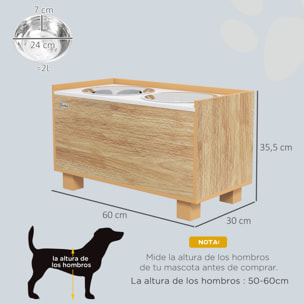 Comedero Perro Elevado con Alimentador Lento Extraíble y Espacio de Almacenaje Cuencos para Perros con 2x2 L Comedero y Bebedero de Acero Inoxidable para Perros Grandes Roble