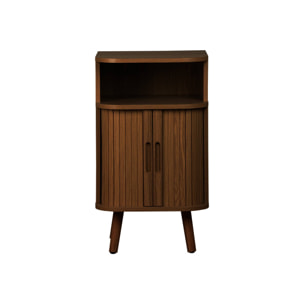 Lot de 2 tables de chevet 2 portes coulissantes + 1 niche effet bois rainuré noyer. L 40 x P 40 x H 70cm