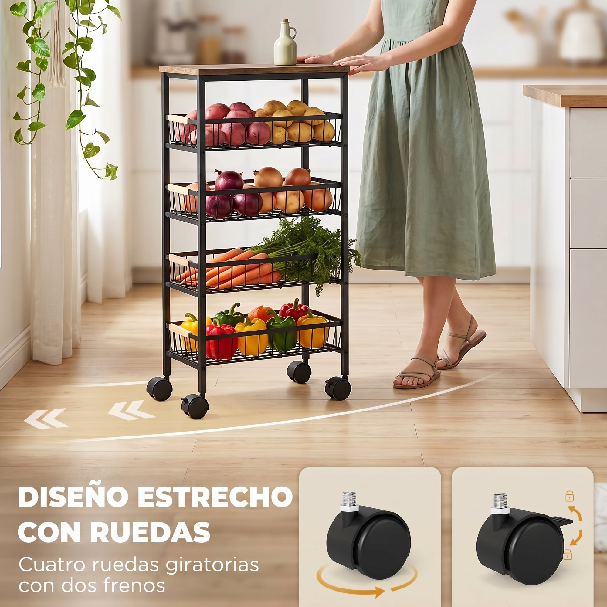 Carrito Auxiliar con Ruedas, Carrito de Cocina con 4 Cestas Extraíbles, Carga 15 kg, Marco Metálico, Tiradores de Madera, para Comedor, Sala de Estar, Baño, 40x24x81,5 cm, Marrón Rústico