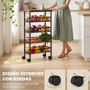 Carrito Auxiliar con Ruedas, Carrito de Cocina con 4 Cestas Extraíbles, Carga 15 kg, Marco Metálico, Tiradores de Madera, para Comedor, Sala de Estar, Baño, 40x24x81,5 cm, Marrón Rústico