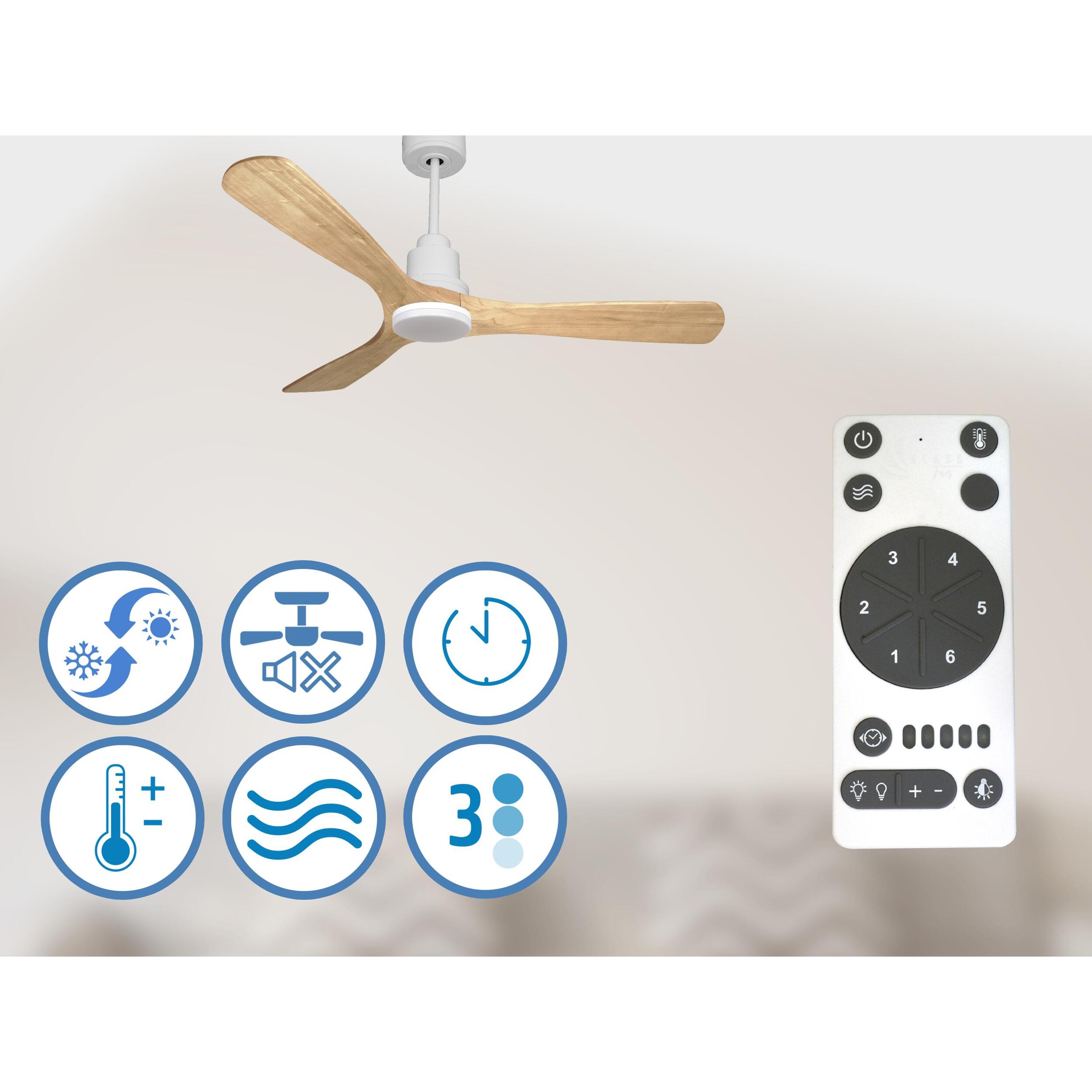 Ventilador de techo Modo Invierno/Verano Termostato Dimable Wifi Motor DC Techos Inclinados Mando a Distancia Luz tres tonos Hypersilence Memoria Vendible Shopify (AUTOMATICO) ParosD132C04LED64466 PURLINE
