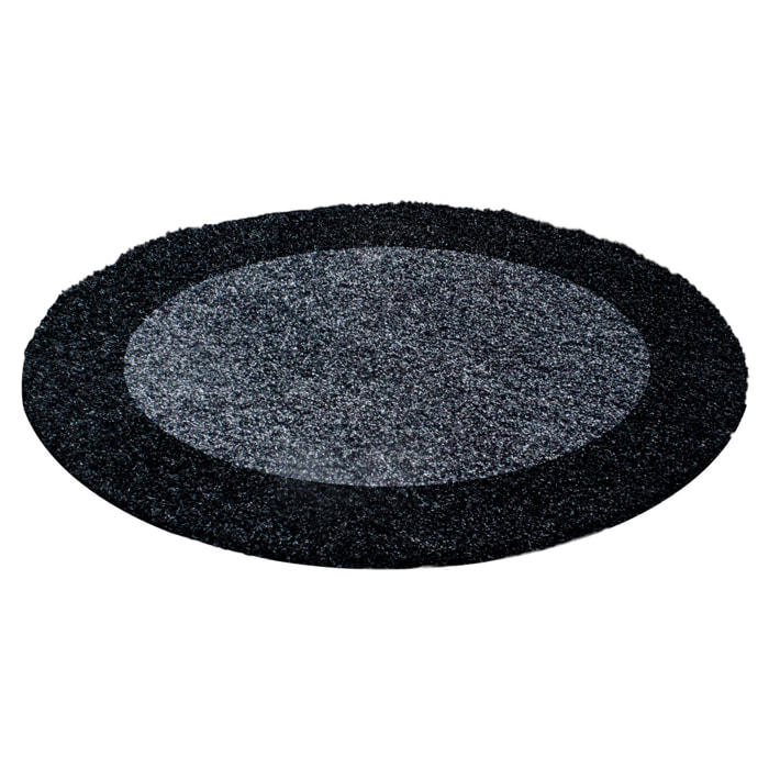 OTTA - Tapis rond shaggy à poils longs motif cadre Anthracite