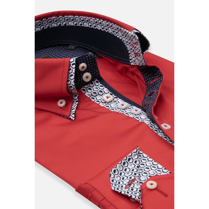 Camicia Uomo 2 Bottoni Button Down 7bottoni Doppio Coll Satin Unito Rosso