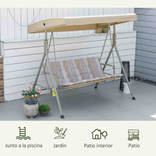 Columpio de Jardín Exterior de 3 Plazas, Balancín de Jardín Exterior con Techo Ajustable y Marco de Acero, para Balcón, Terraza, Patio, Carga 210 kg, 172x110x156 cm, Marrón Claro