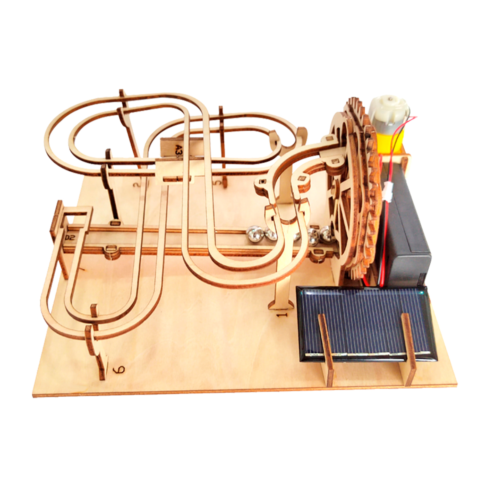 Maqueta de Madera 3D, con movimiento mecánico diseño de Pista de bolas con panel Solar.